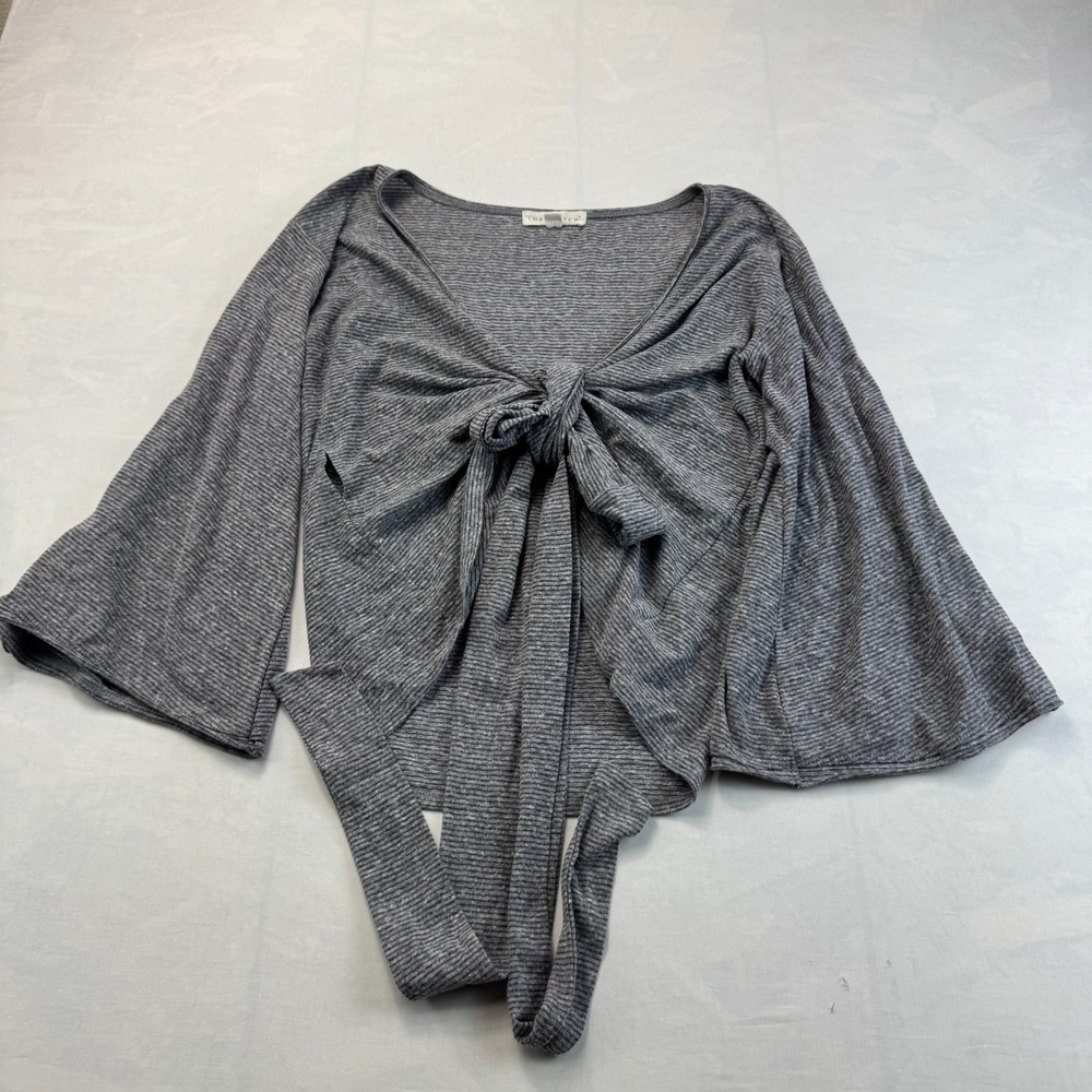 LOVESTITCH Cardigan Womens Medium Gray Striped Ribbed Knit Bell Sleeve Tie Front